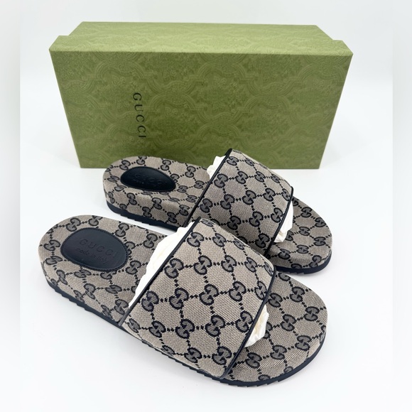 Gucci New In Box GG Logo Lavaredo Canvas /Leather Slide Sandals - Picture 1 of 8